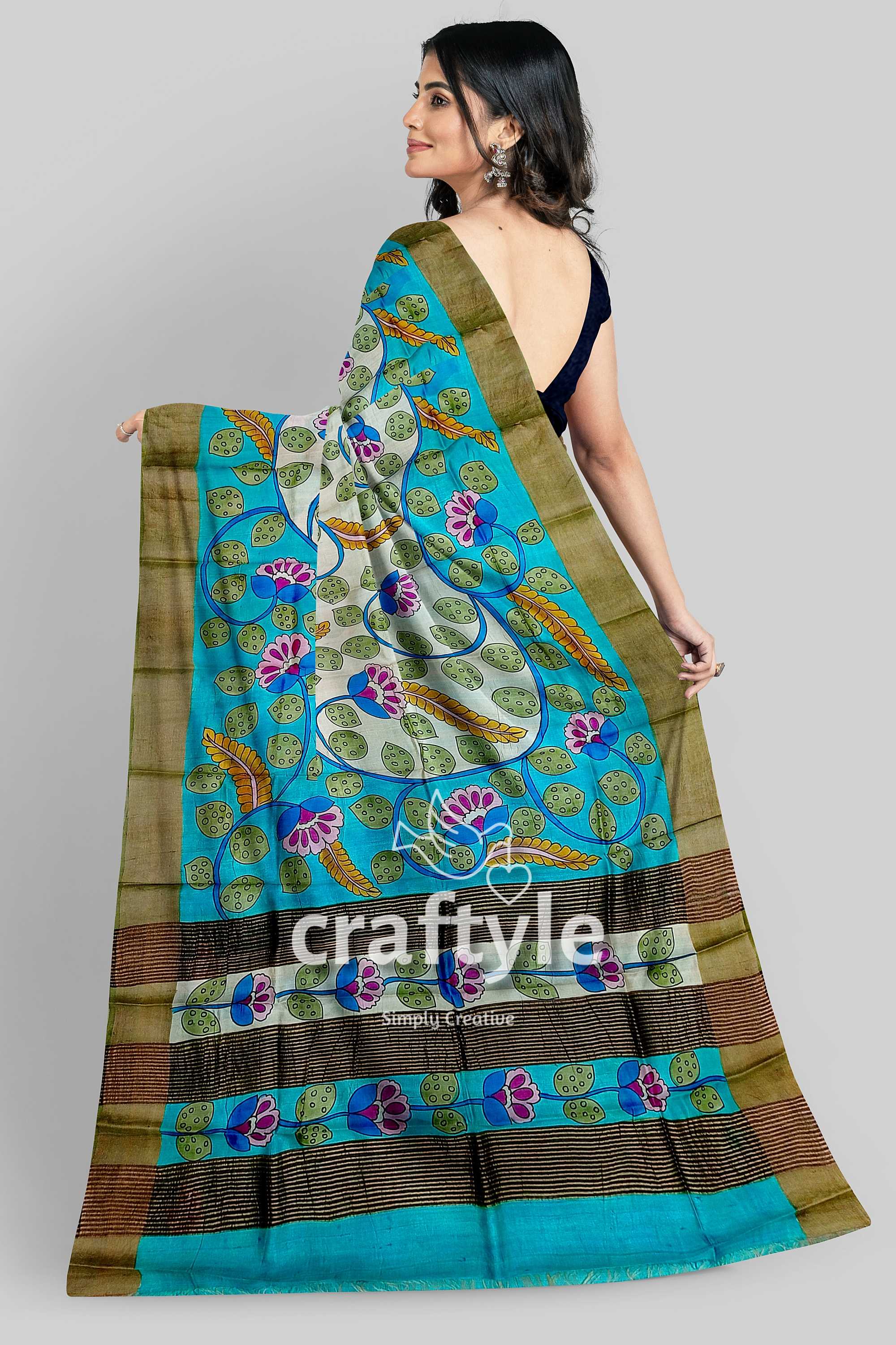Exclusive Floral Design Hand-Painted Zari Border Pure Tussar Kalamkari Sari - Craftyle