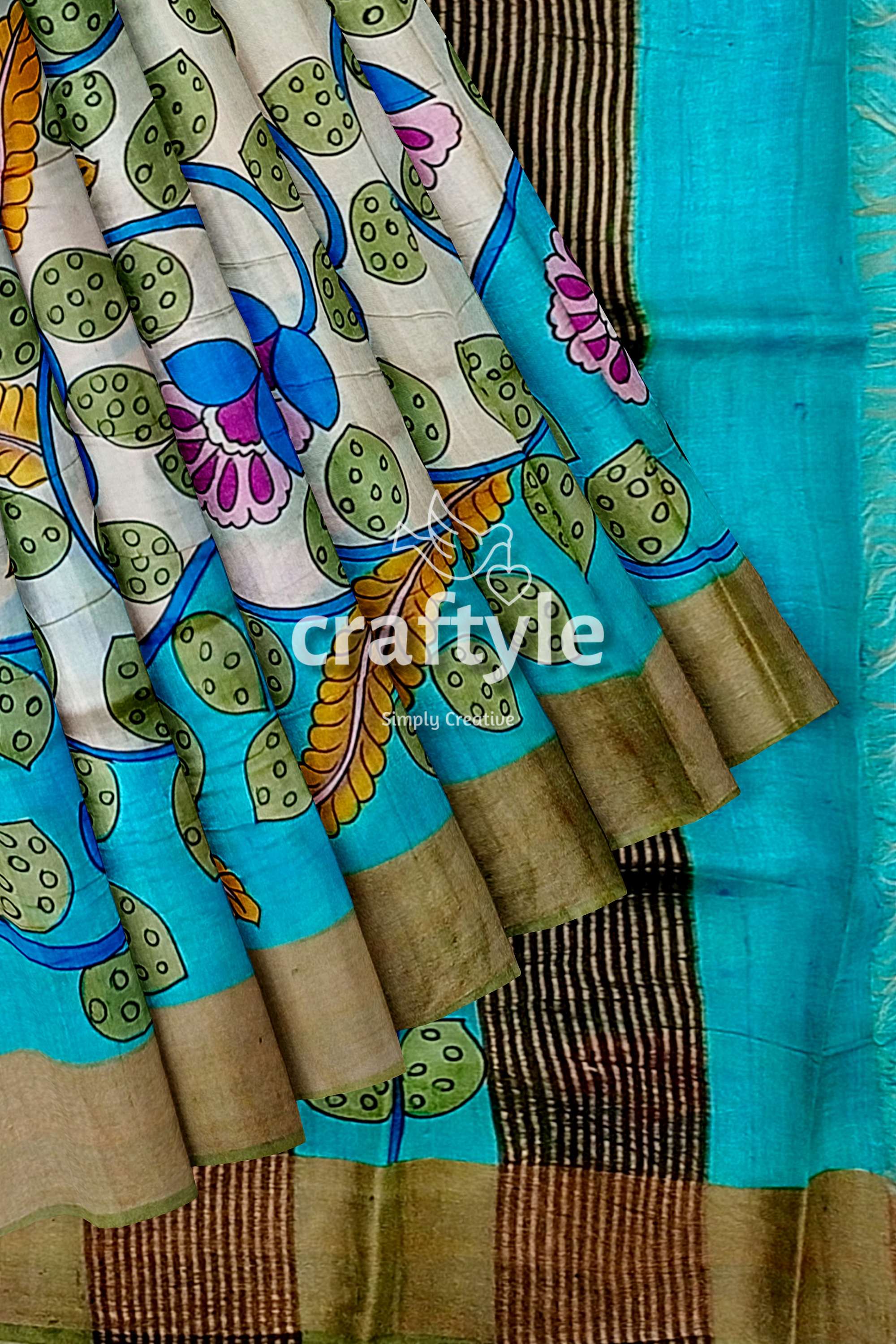Exclusive Floral Design Hand-Painted Zari Border Pure Tussar Kalamkari Sari - Craftyle
