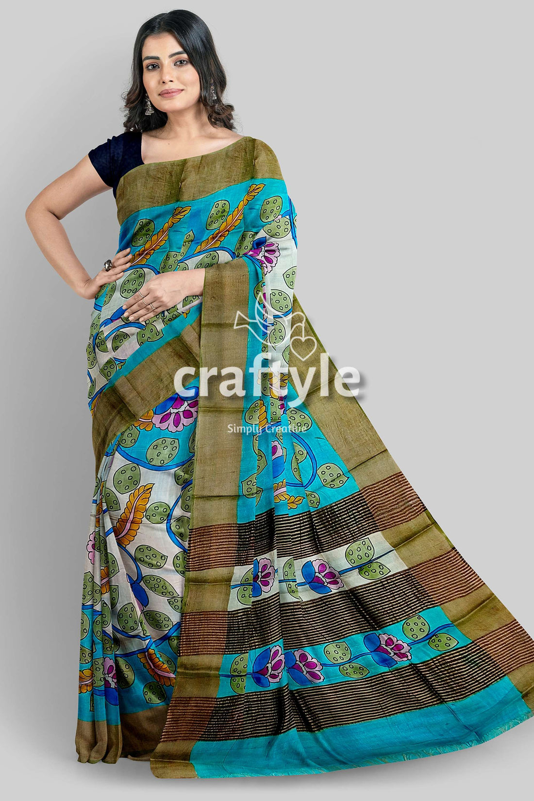 Exclusive Floral Design Hand-Painted Zari Border Pure Tussar Kalamkari Sari - Craftyle