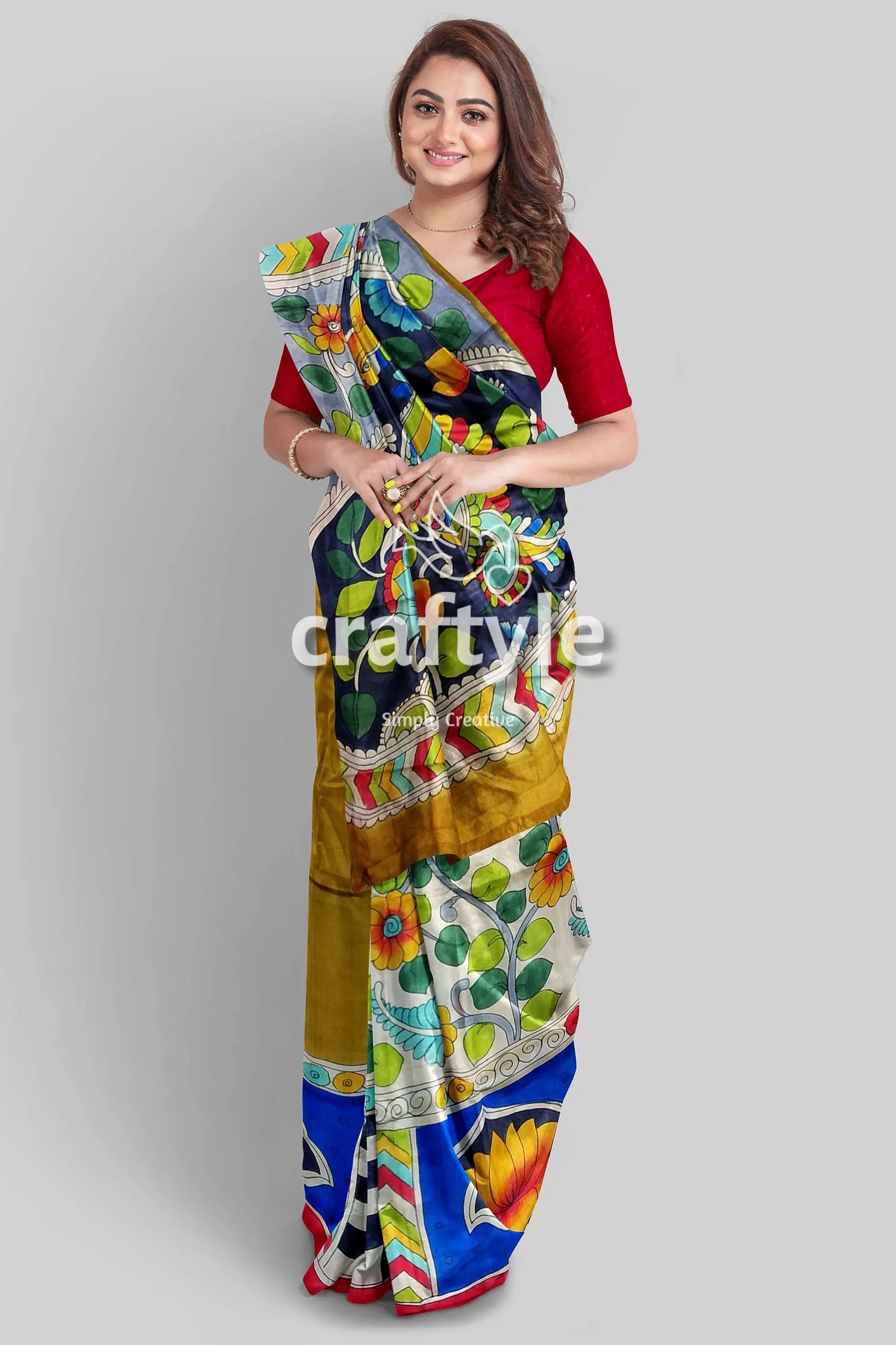 Exclusive floral peacock motif hand painted pure tussar kalamkari saree woman colorful floral saree 3