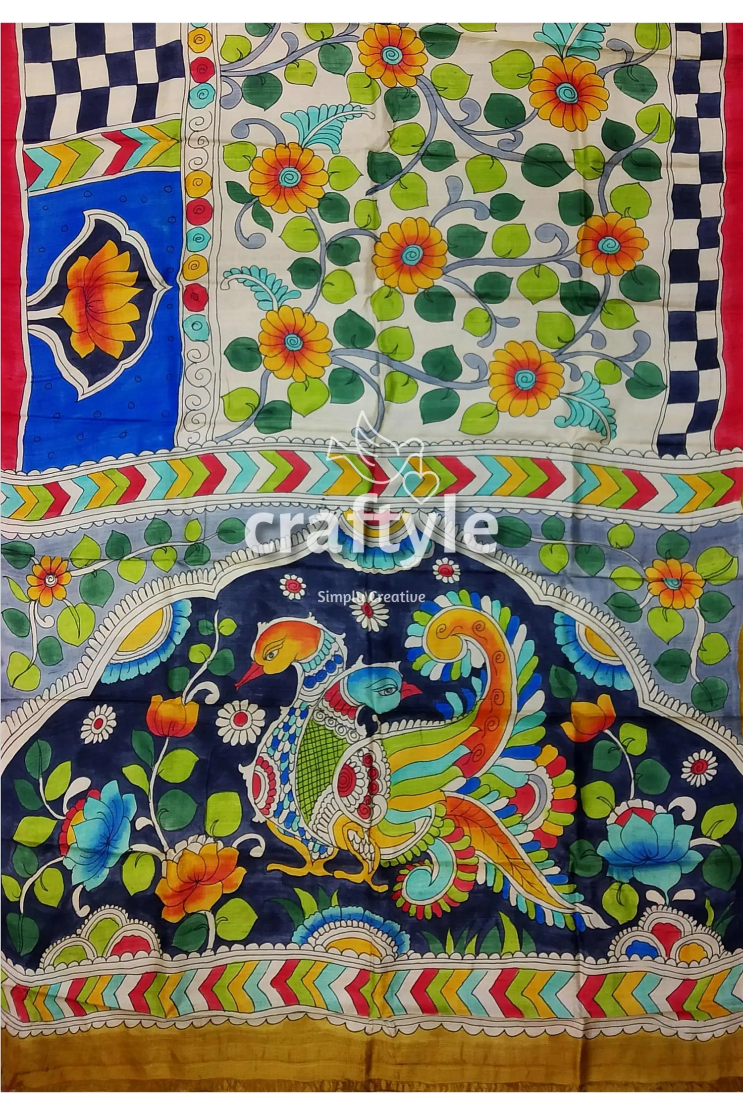 Exclusive floral peacock motif hand painted pure tussar kalamkari saree hand-painted silk saree 6