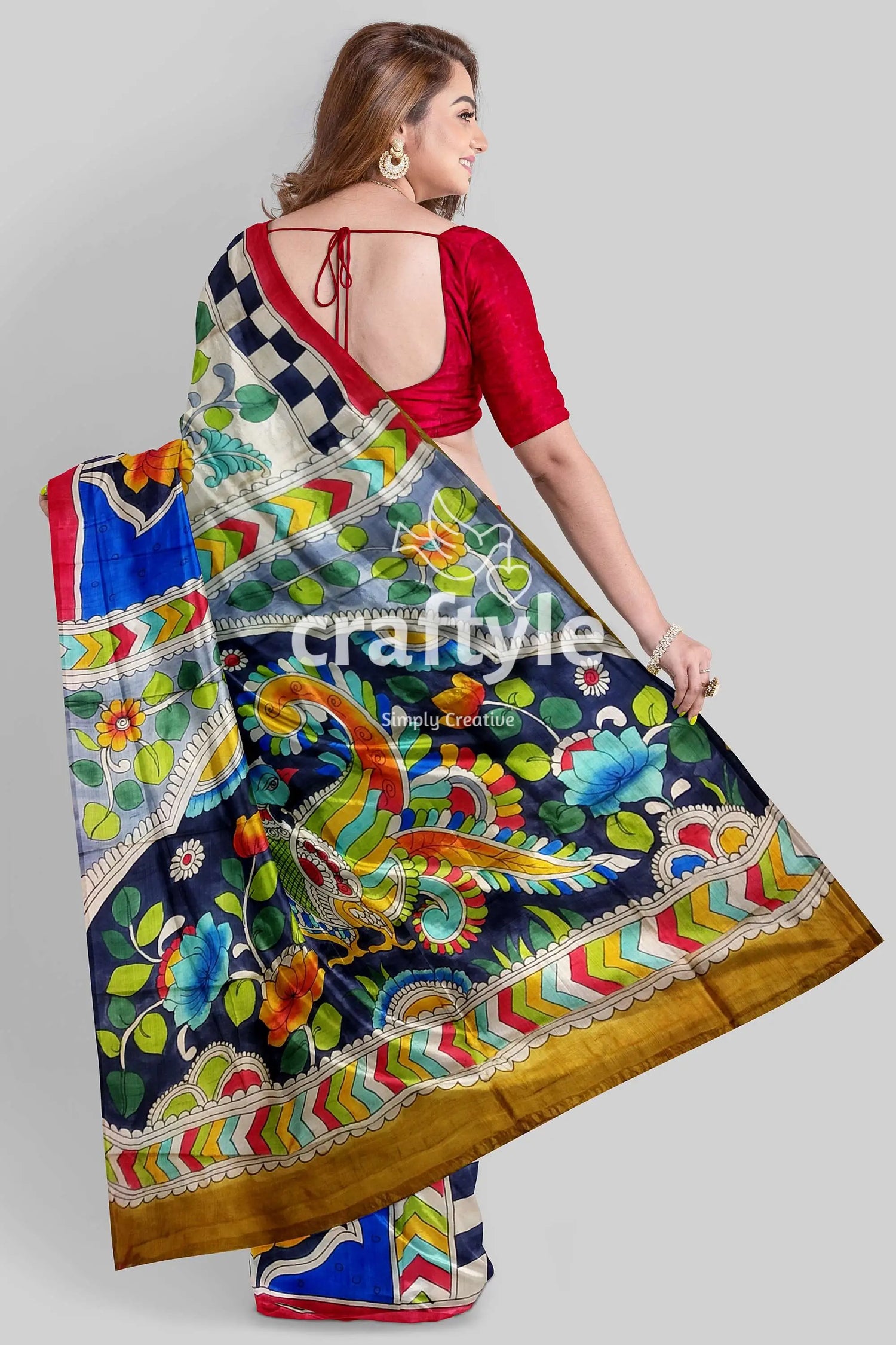 Exclusive floral peacock motif hand painted pure tussar kalamkari saree hand-painted silk saree peacock design 5