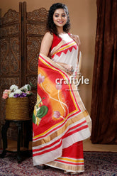 Exclusive ganesha hand painted rose red kerala cotton saree woman white red saree 2