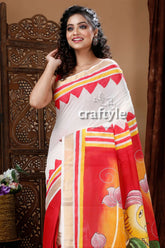 Exclusive ganesha hand painted rose red kerala cotton saree white saree red yellow accents 3