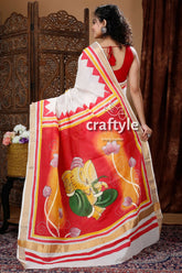 Exclusive ganesha hand painted rose red kerala cotton saree white saree ganesha painting 5