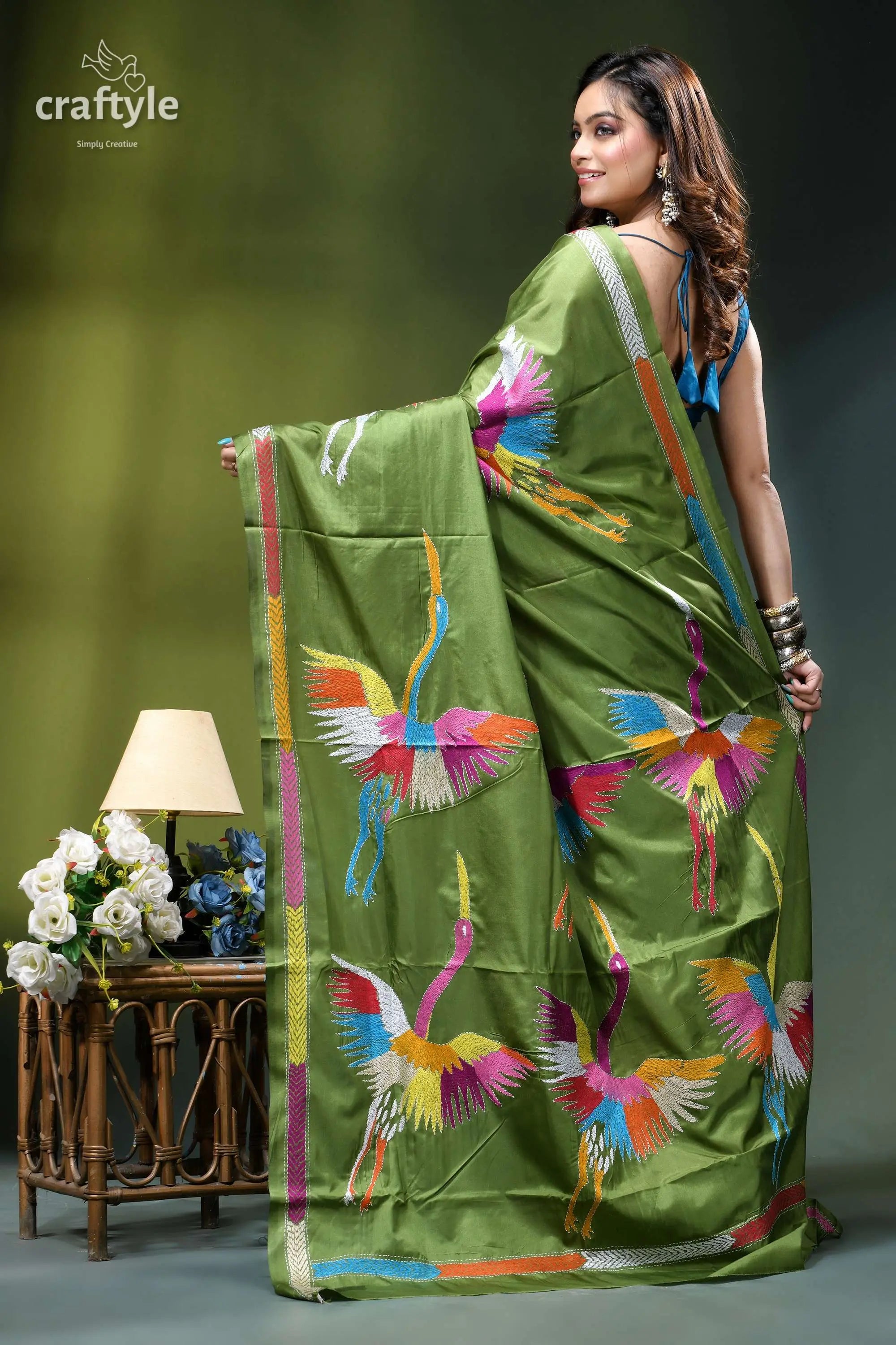 Exclusive heron motif sap green silk kantha stitch saree vibrant olive green saree adorned 5