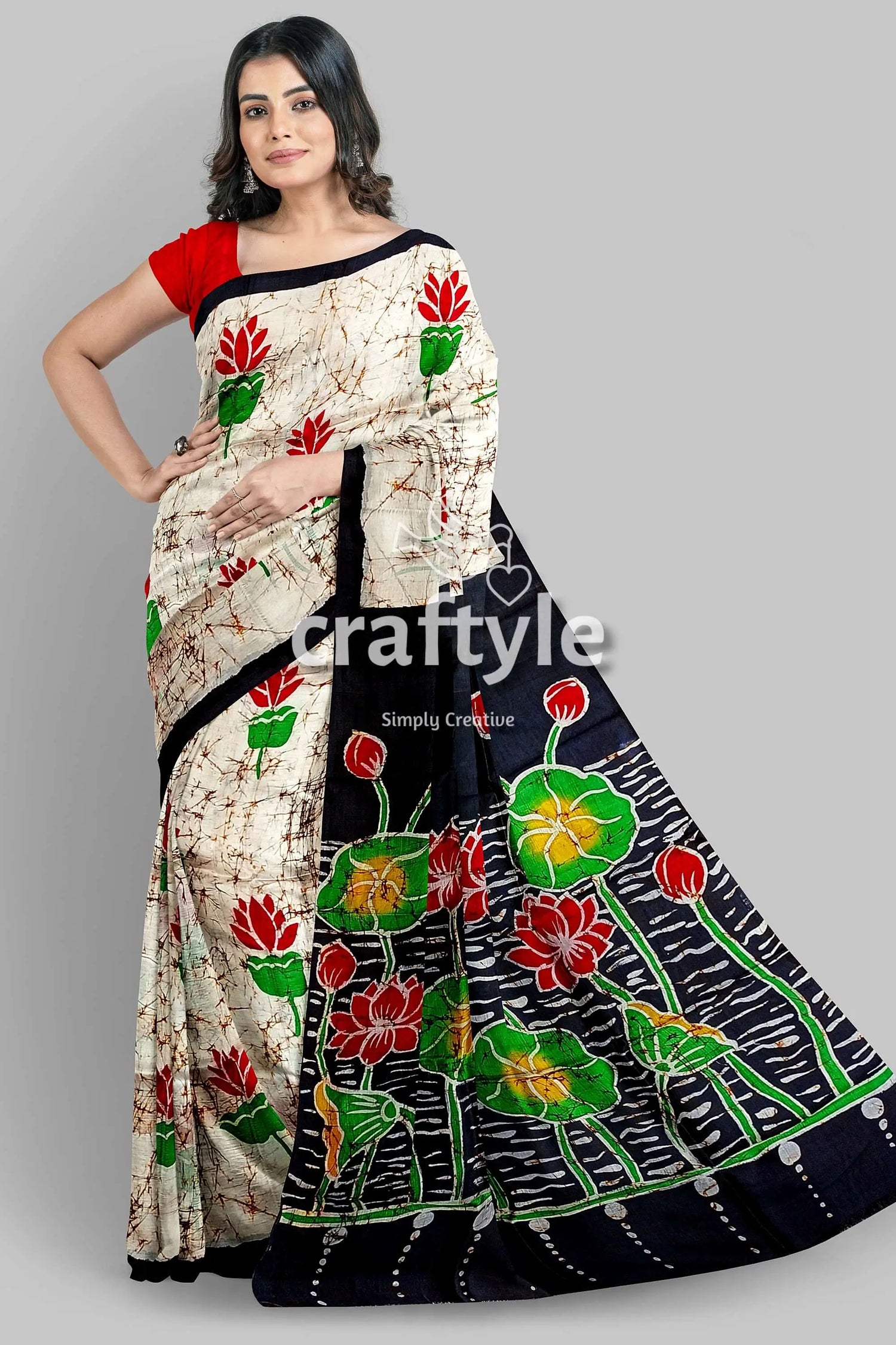 Exclusive lotus motif hand batik mulberry pure silk saree woman floral-patterned saree 7