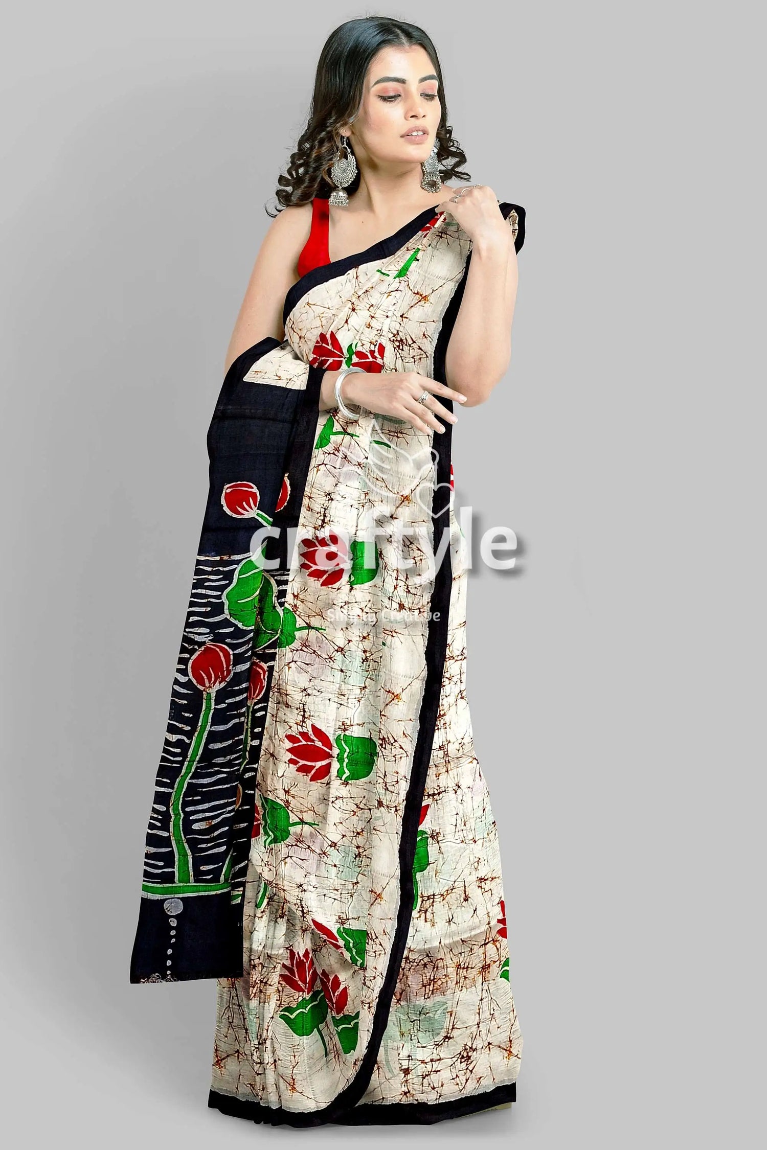 Exclusive lotus motif hand batik mulberry pure silk saree woman floral batik saree 4