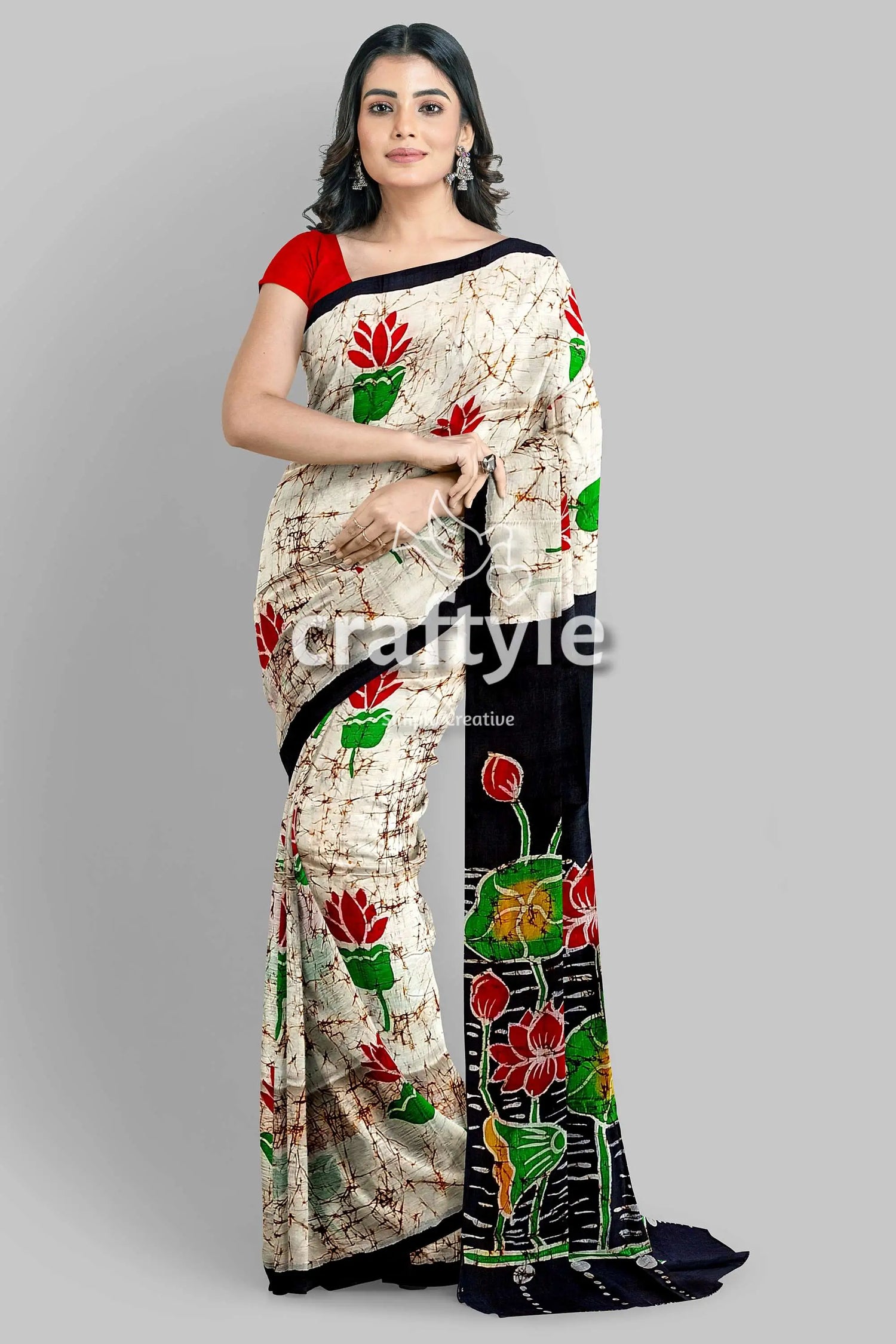 Exclusive lotus motif hand batik mulberry pure silk saree woman floral-patterned saree 6