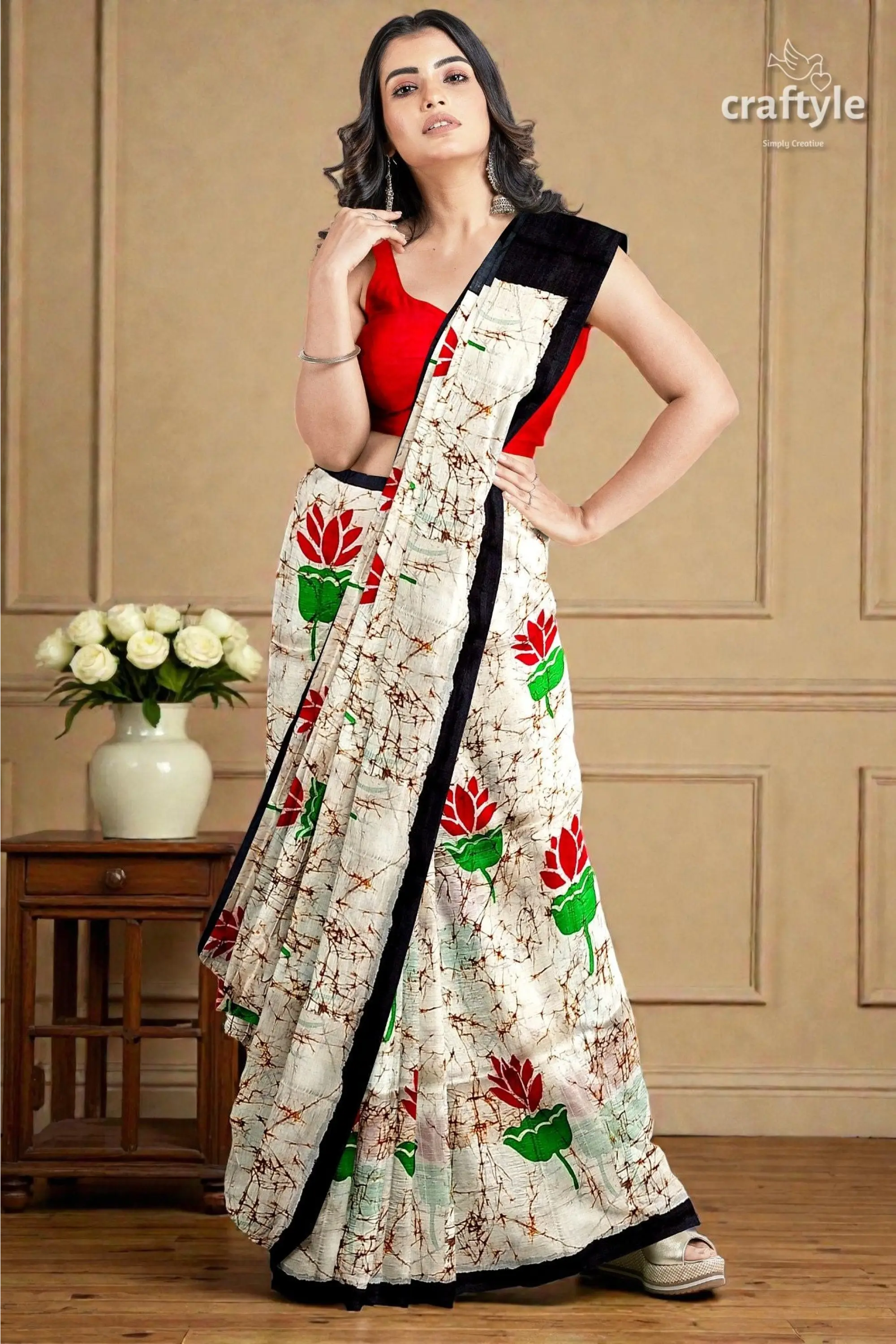 Exclusive lotus motif hand batik mulberry pure silk saree 2