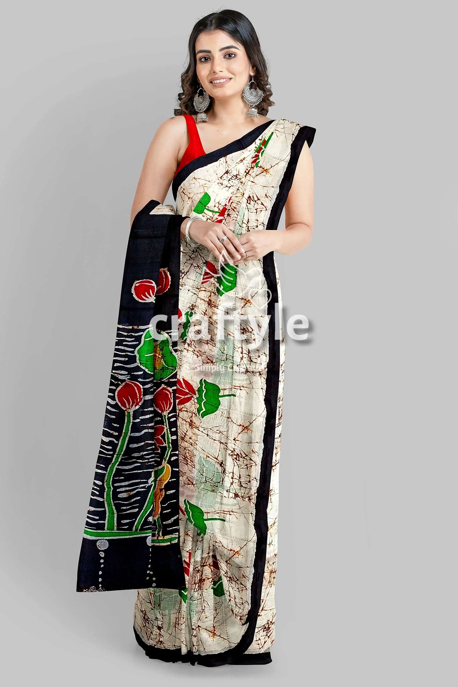 Exclusive lotus motif hand batik mulberry pure silk saree woman patterned saree 1