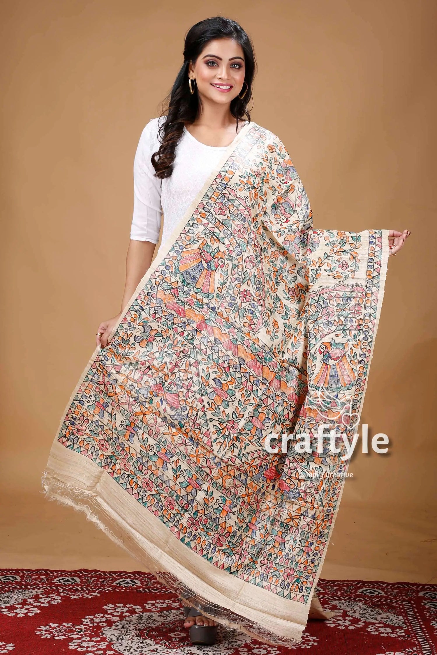 Exclusive madhubani hand painted dupatta intricately patterned shawl 1
