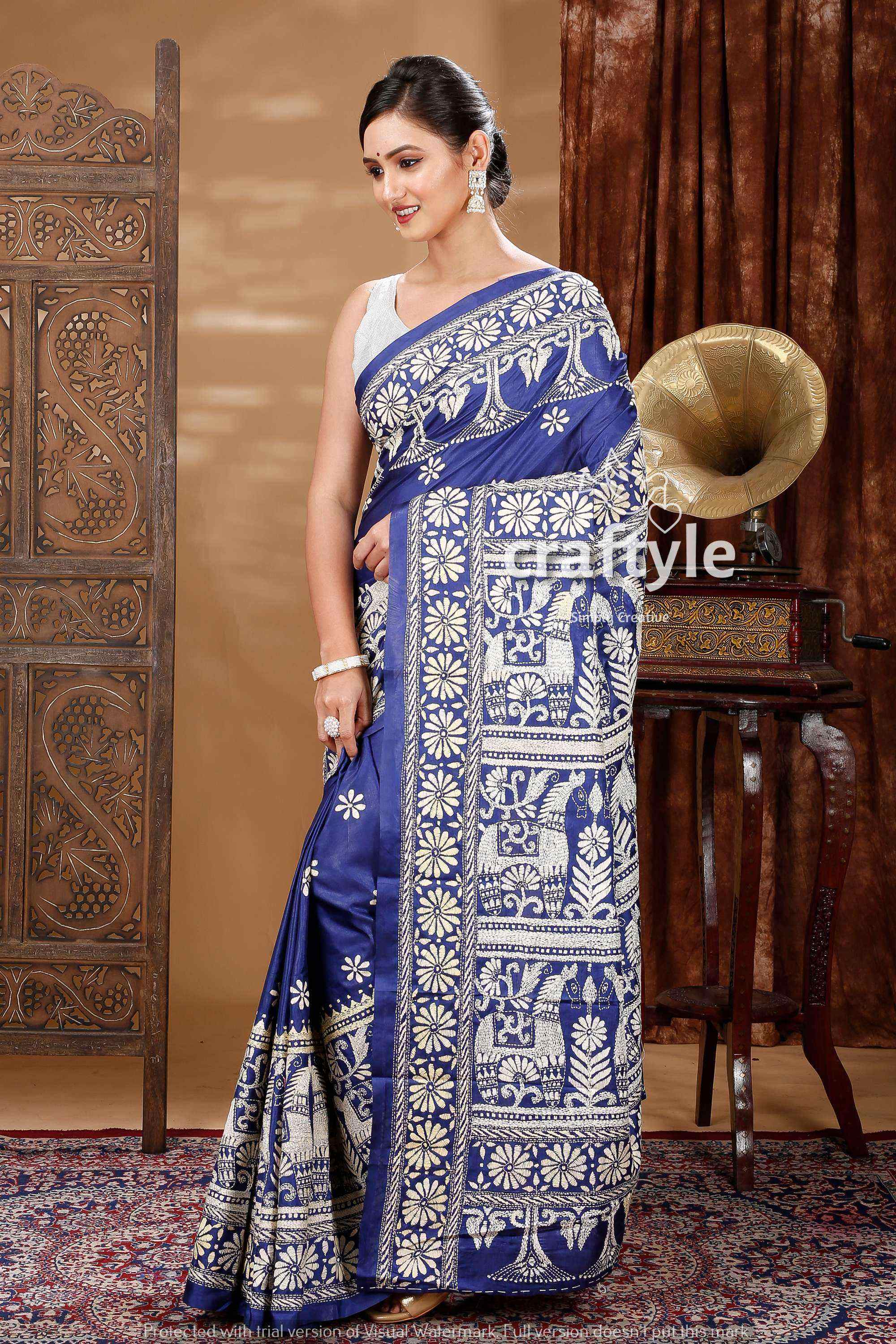 Exclusive Navy Blue Traditional Silk Kantha Saree-Craftyle