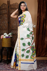Exclusive Peacock Motif Hand Painted Kerala Cotton Saree-Craftyle