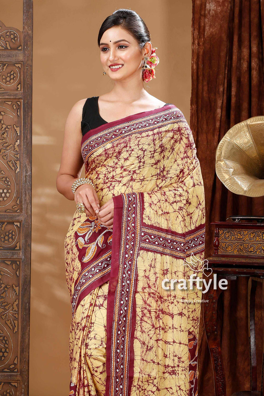 Exclusive Pure Cotton Batik Kantha Stitch Saree-Craftyle