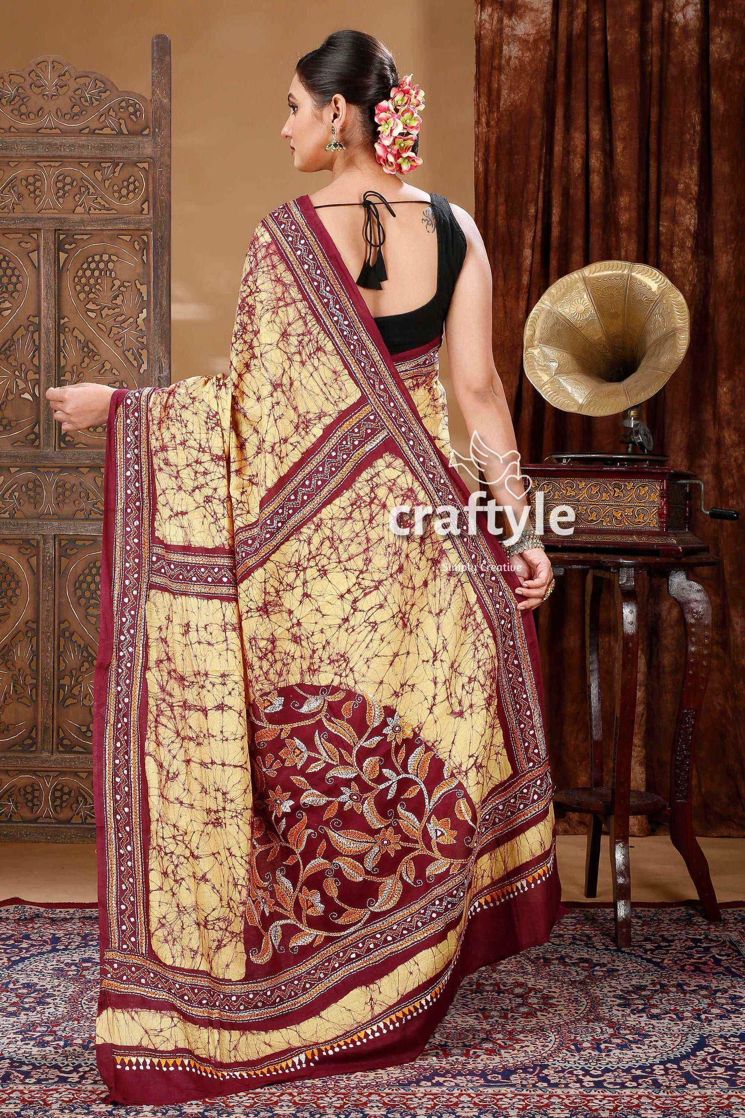 Exclusive Pure Cotton Batik Kantha Stitch Saree-Craftyle