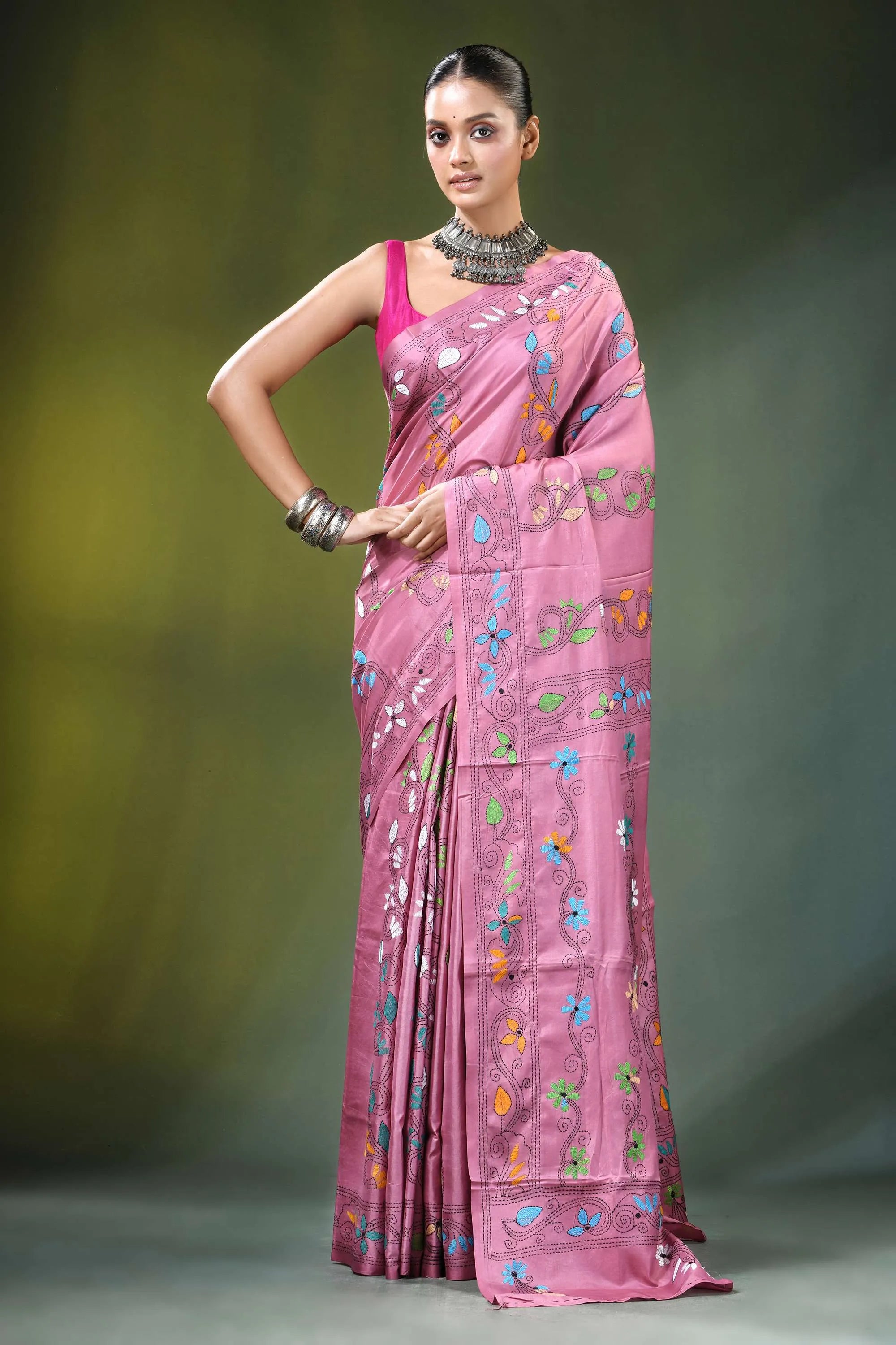 Exclusive shakuntala design silk kantha saree in dusty pink adorned colorful 1