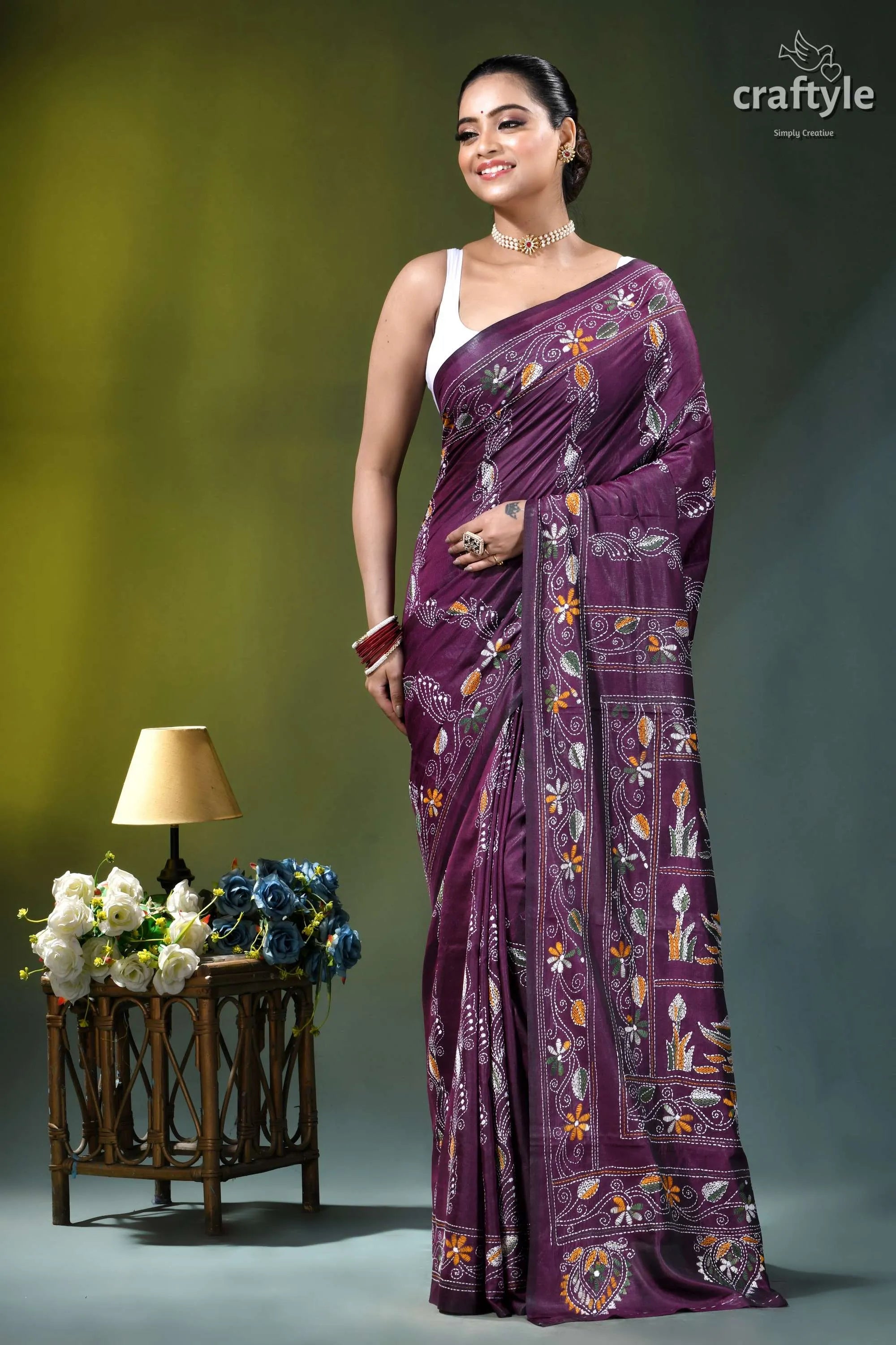 Exclusive swan motif silk kantha embroidery saree in plum purple rich purple saree intricate floral 3