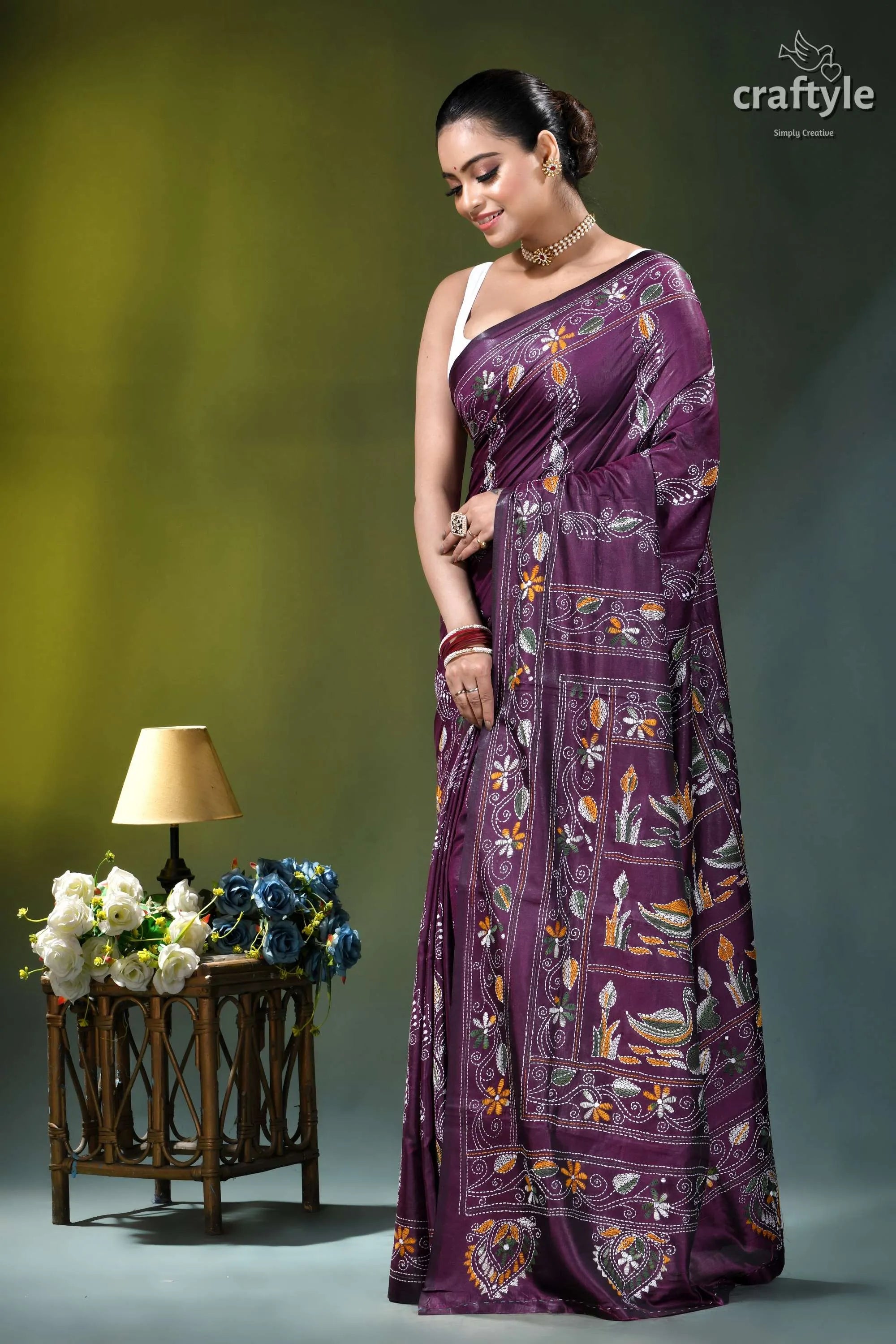 Exclusive swan motif silk kantha embroidery saree in plum purple woman wears deep purple sari 4