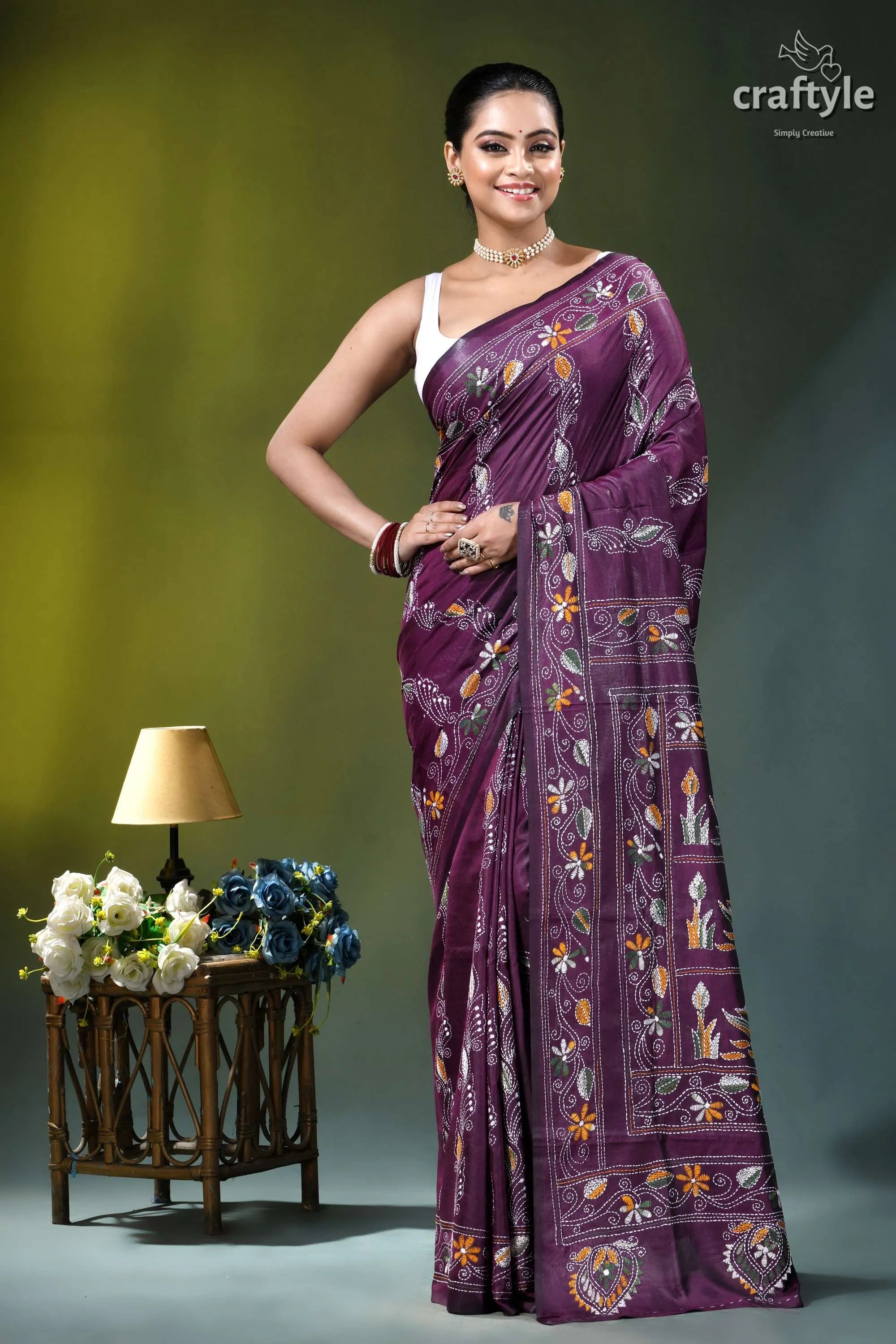 Exclusive swan motif silk kantha embroidery saree in plum purple purple silk saree intricate floral 7