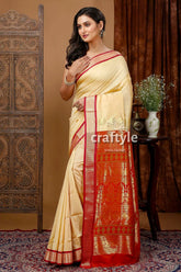 Exclusive zari border bomkai silk saree - buttermilk yellow woman cream red saree 3
