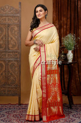 Exclusive zari border bomkai silk saree - buttermilk yellow woman cream red saree 1