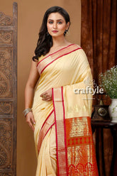 Exclusive zari border bomkai silk saree - buttermilk yellow woman cream-colored saree red border 2