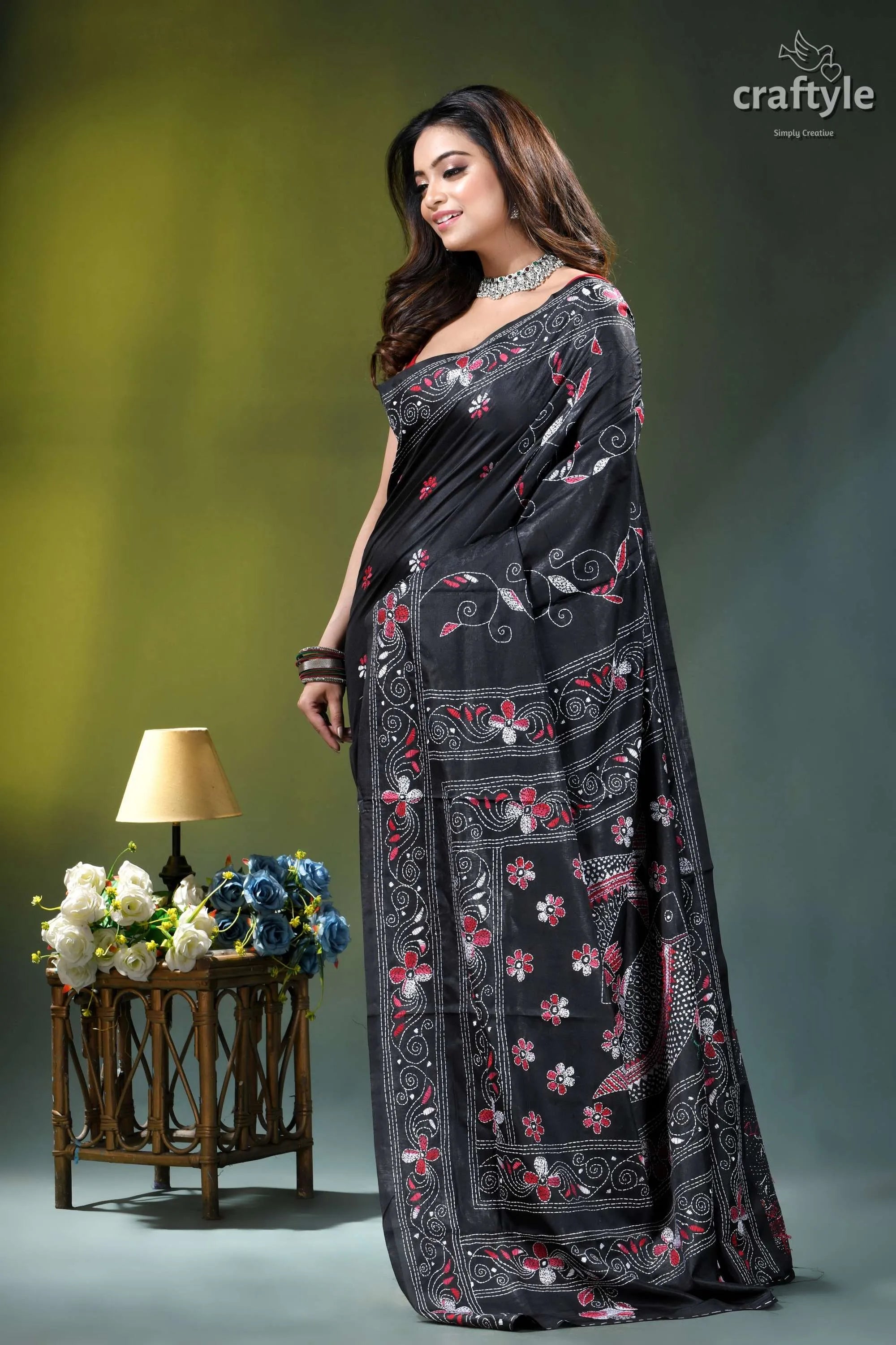 Exquisite black floral design multithread silk kantha saree black saree intricate pink white 4