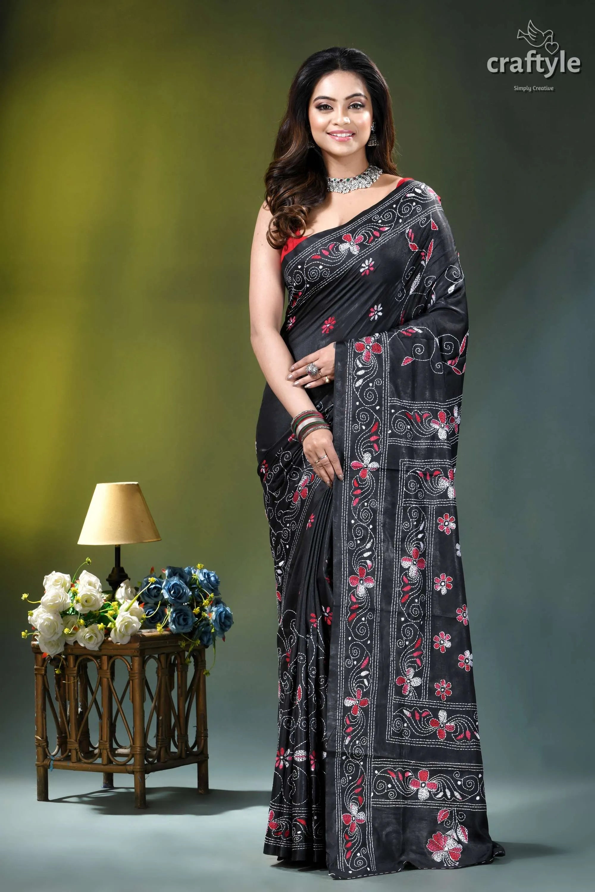Exquisite black floral design multithread silk kantha saree black saree intricate pink white 8