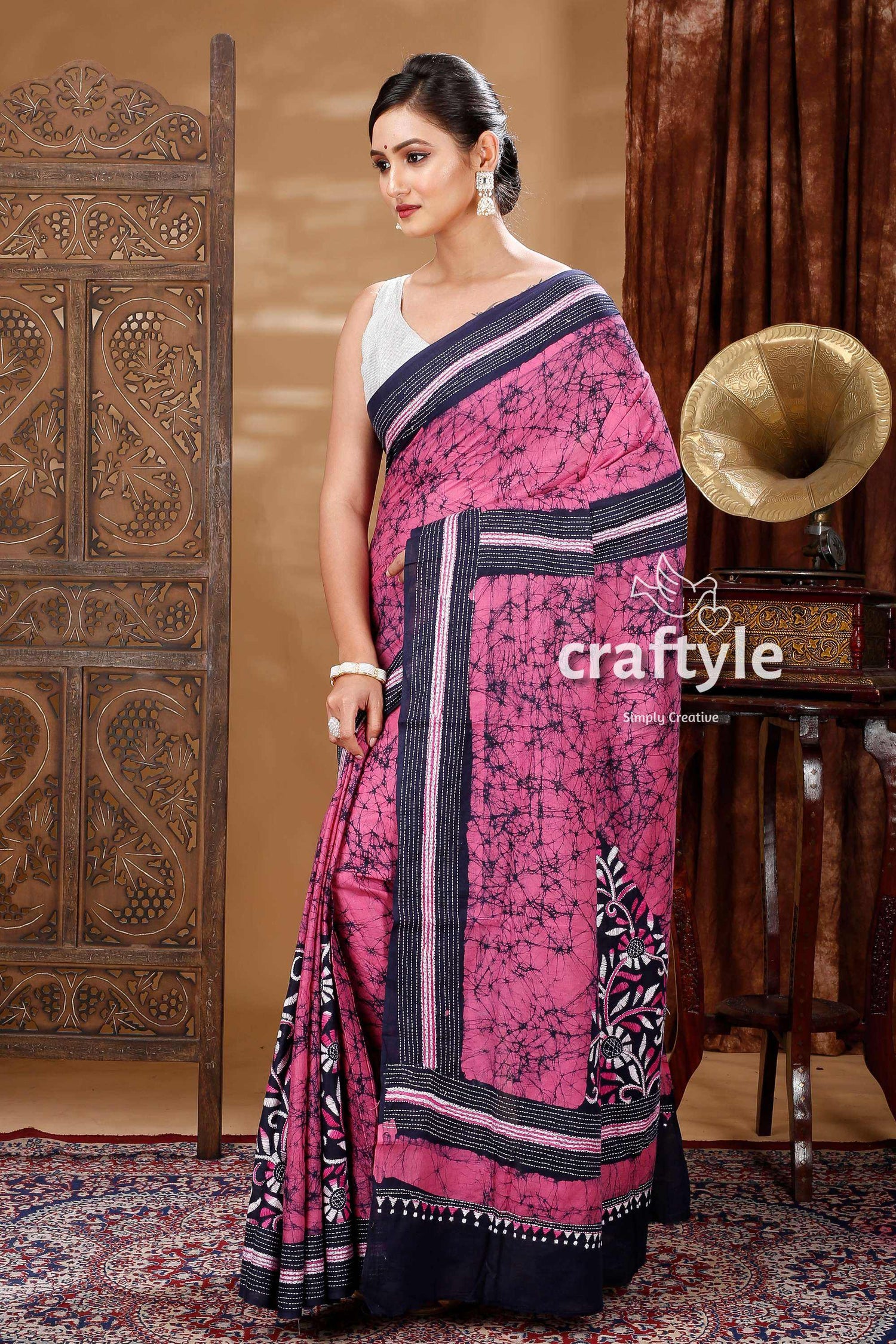 Exquisite Handcrafted Batik Pure Cotton Kantha Saree-Craftyle