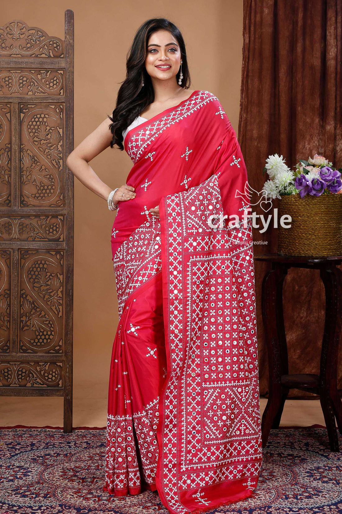 Exquisite Red White Silk Kantha Embroidered Saree - Kutch Work Design-Craftyle