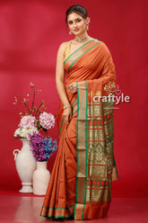 Exquisite ruddy brown bomkai silk saree with zari border woman orange saree 3