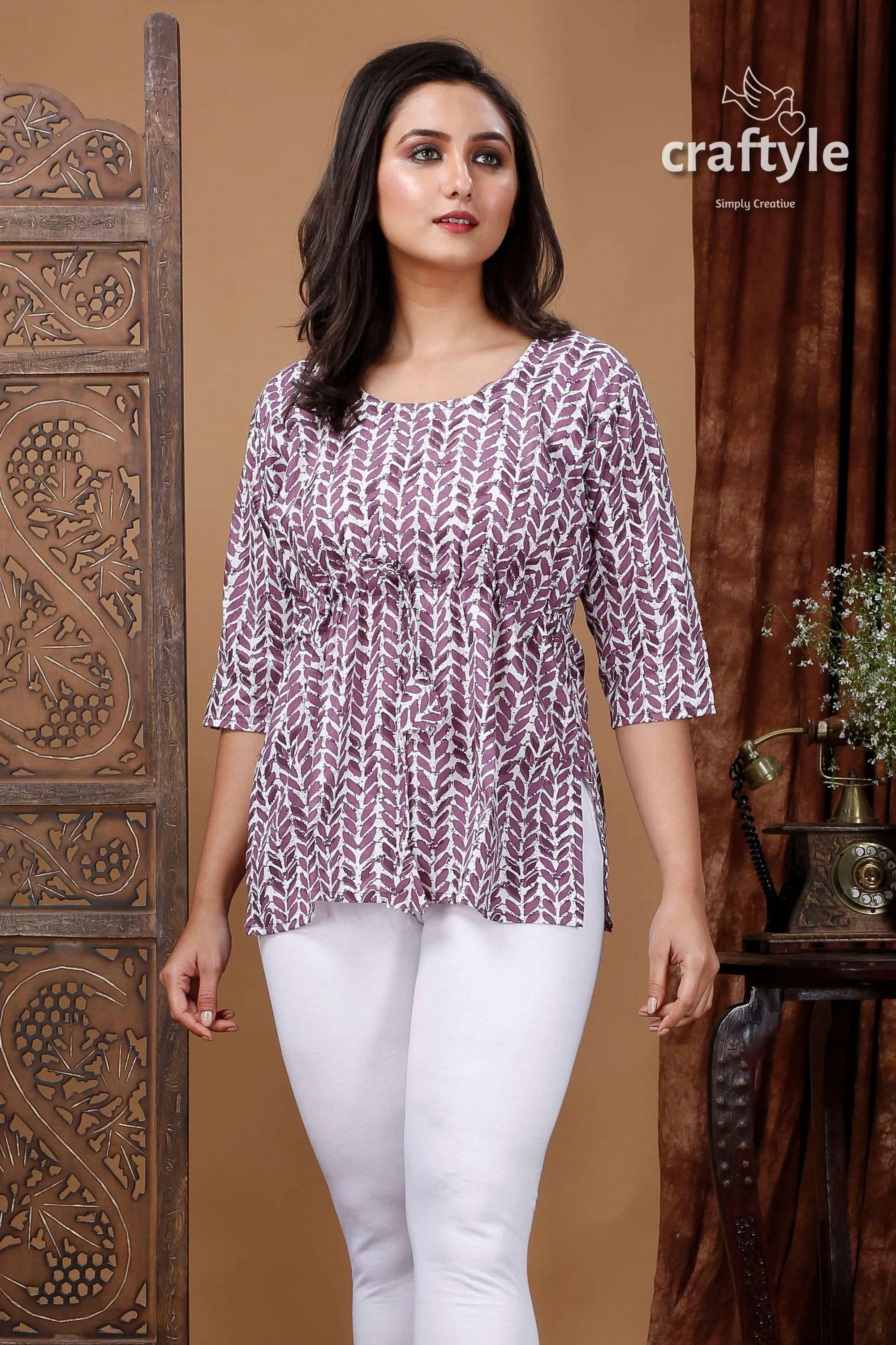 Falcon white cotton printed top with three quarter sleeves woman’s patterned tunic leggings 3