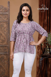 Falcon white cotton printed top with three quarter sleeves woman patterned tunic white leggings 2