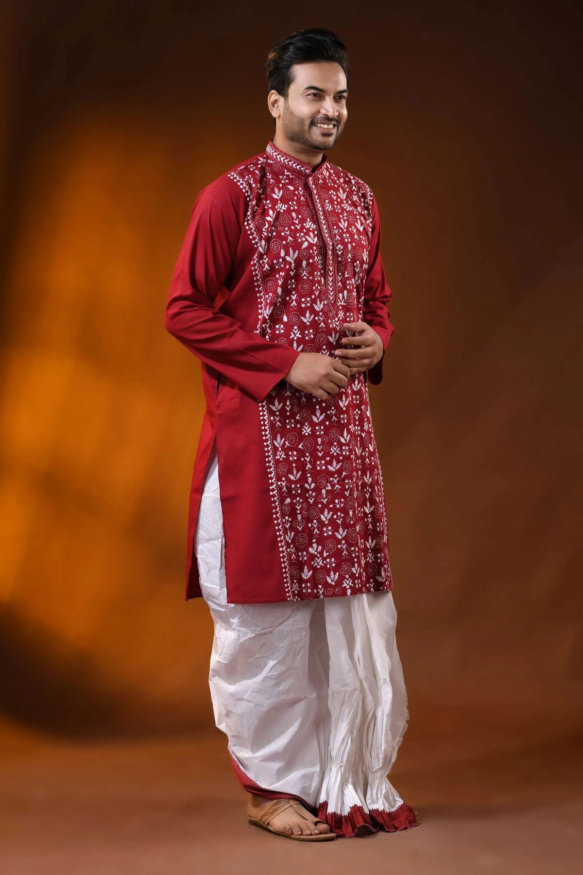 Falu red cotton kantha punjabi for men - white warli embroidery 3