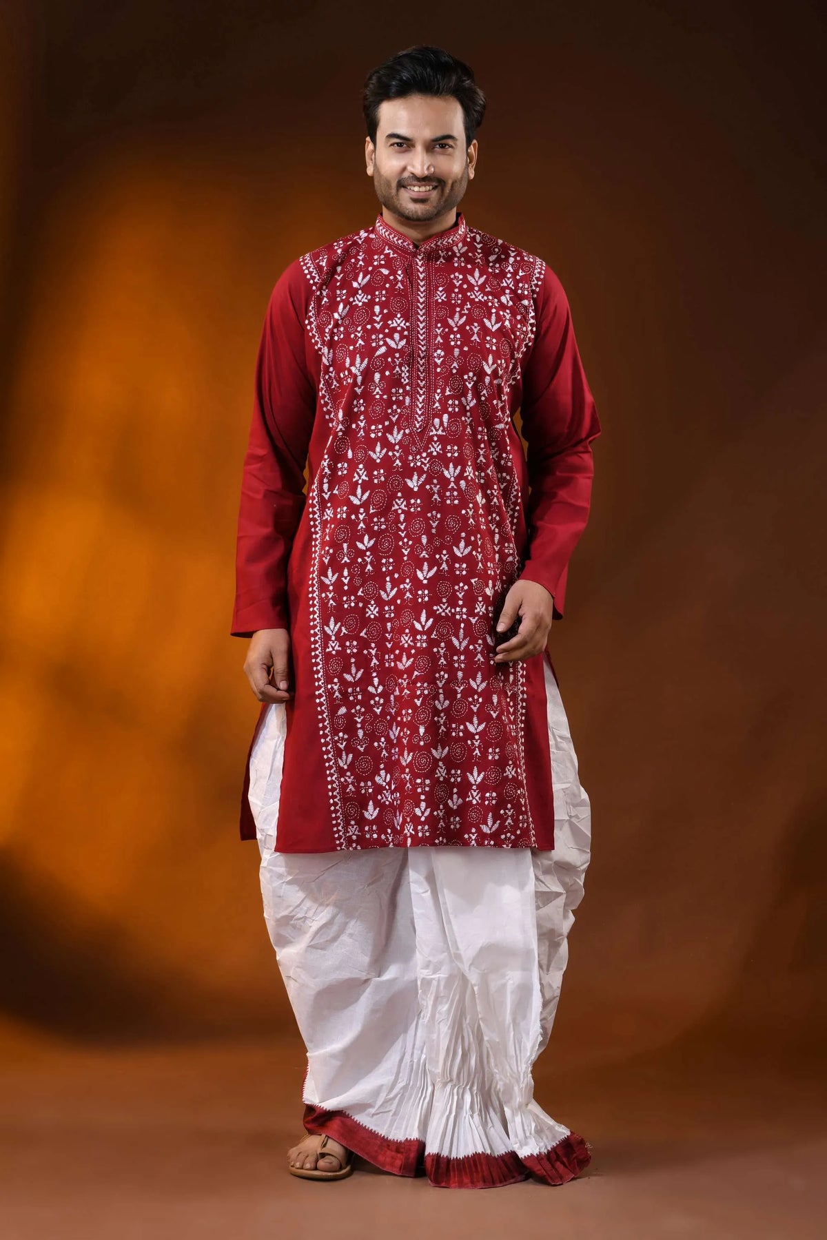 Falu red cotton kantha punjabi for men - white warli embroidery 6