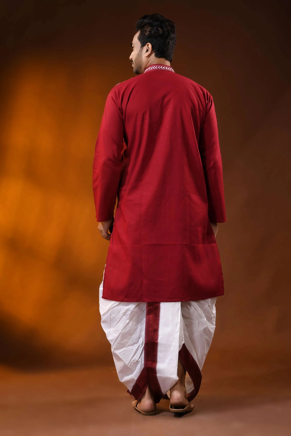Falu red cotton kantha punjabi for men - white warli embroidery 5