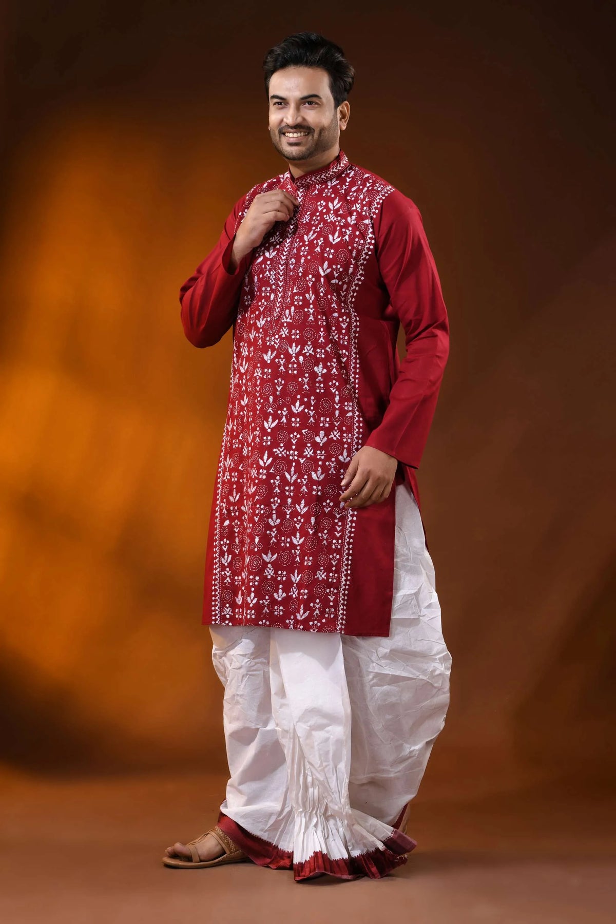 Falu red cotton kantha punjabi for men - white warli embroidery 4