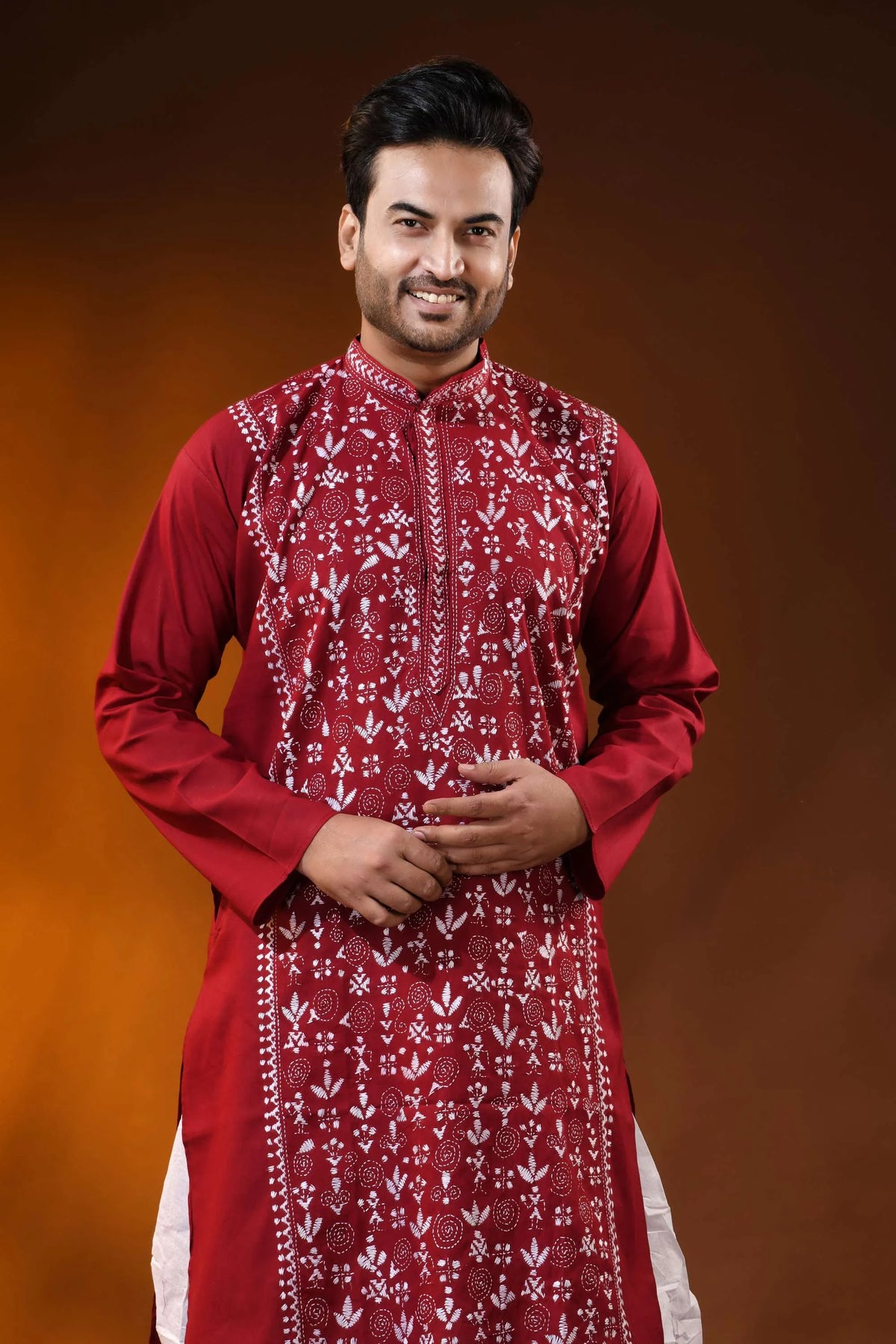 Falu red cotton kantha punjabi for men - white warli embroidery 2