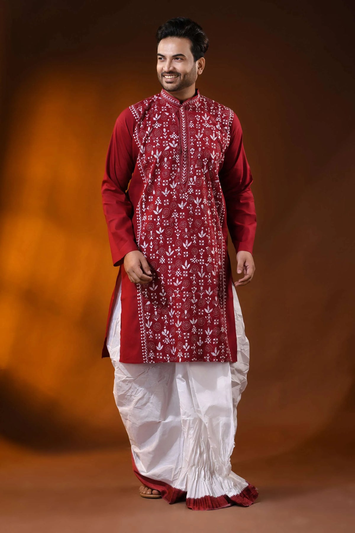 Falu red cotton kantha punjabi for men - white warli embroidery 1