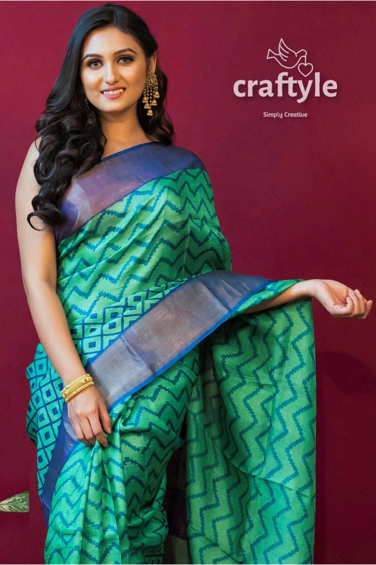 Fern green block print zari pure tussar saree for women green blue patterned saree 2