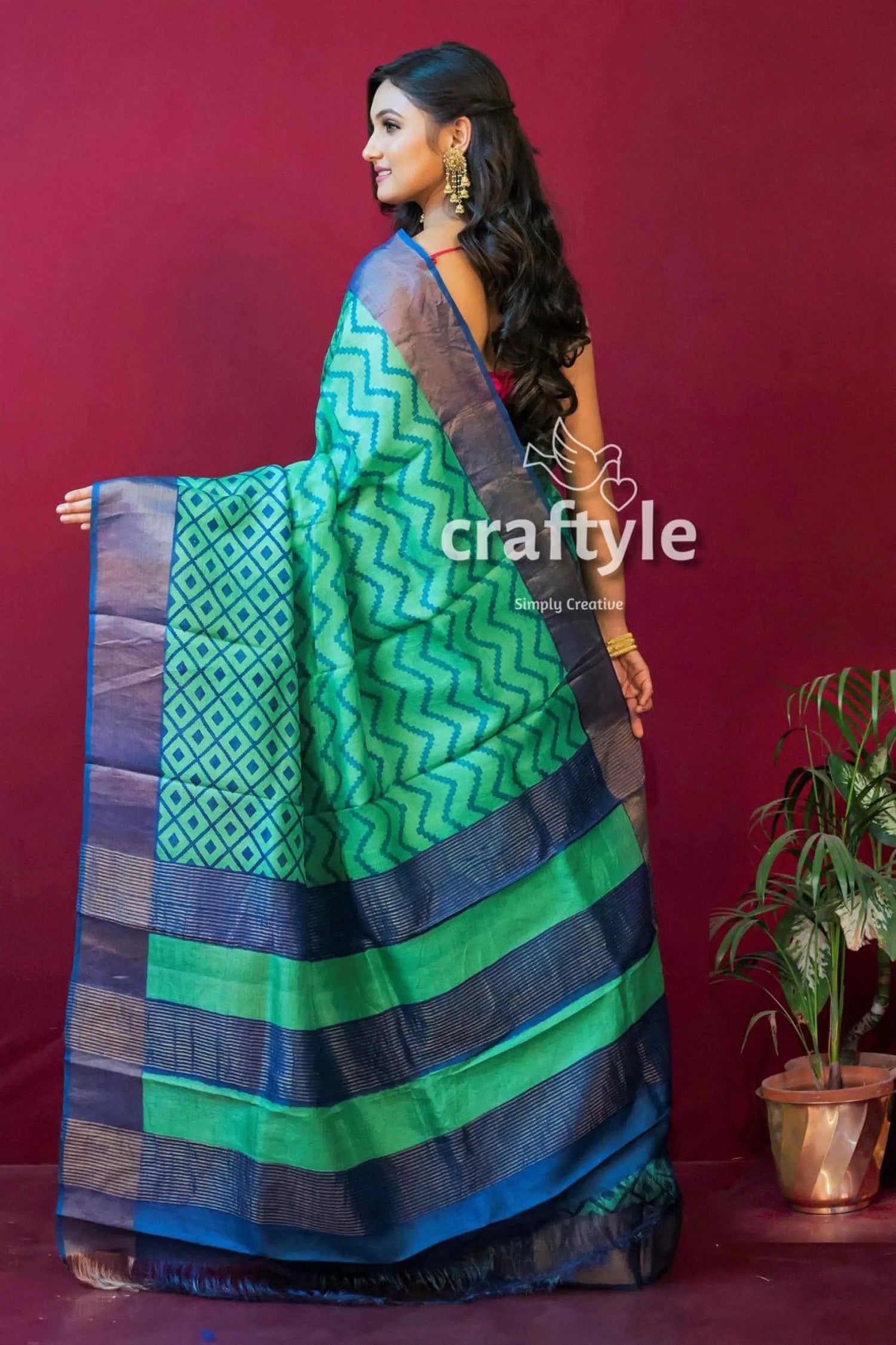 Fern green block print zari pure tussar saree for women green blue patterned saree 4
