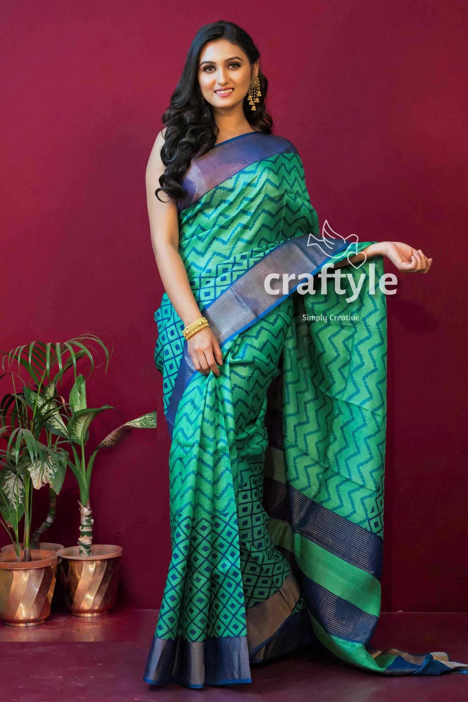Fern green block print zari pure tussar saree for women green blue patterned saree 3