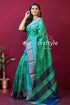 Fern green block print zari pure tussar saree for women green patterned saree blue border 1