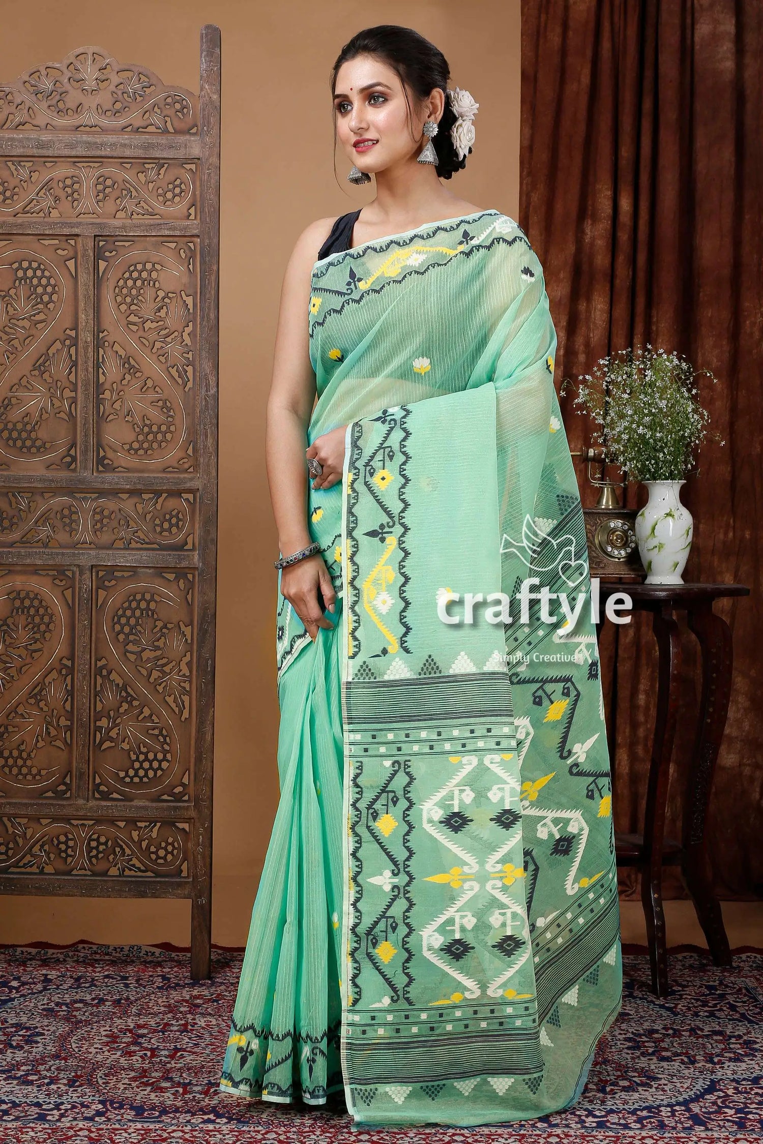 Fern green handloom jamdani saree - exquisite bengal design mint green cotton saree 3