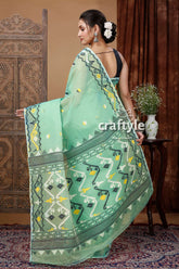 Fern green handloom jamdani saree - exquisite bengal design mint green patterned saree 4