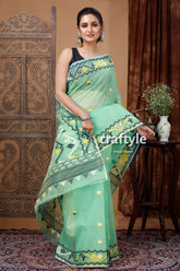 Fern green handloom jamdani saree - exquisite bengal design woman light green saree embroidered 5