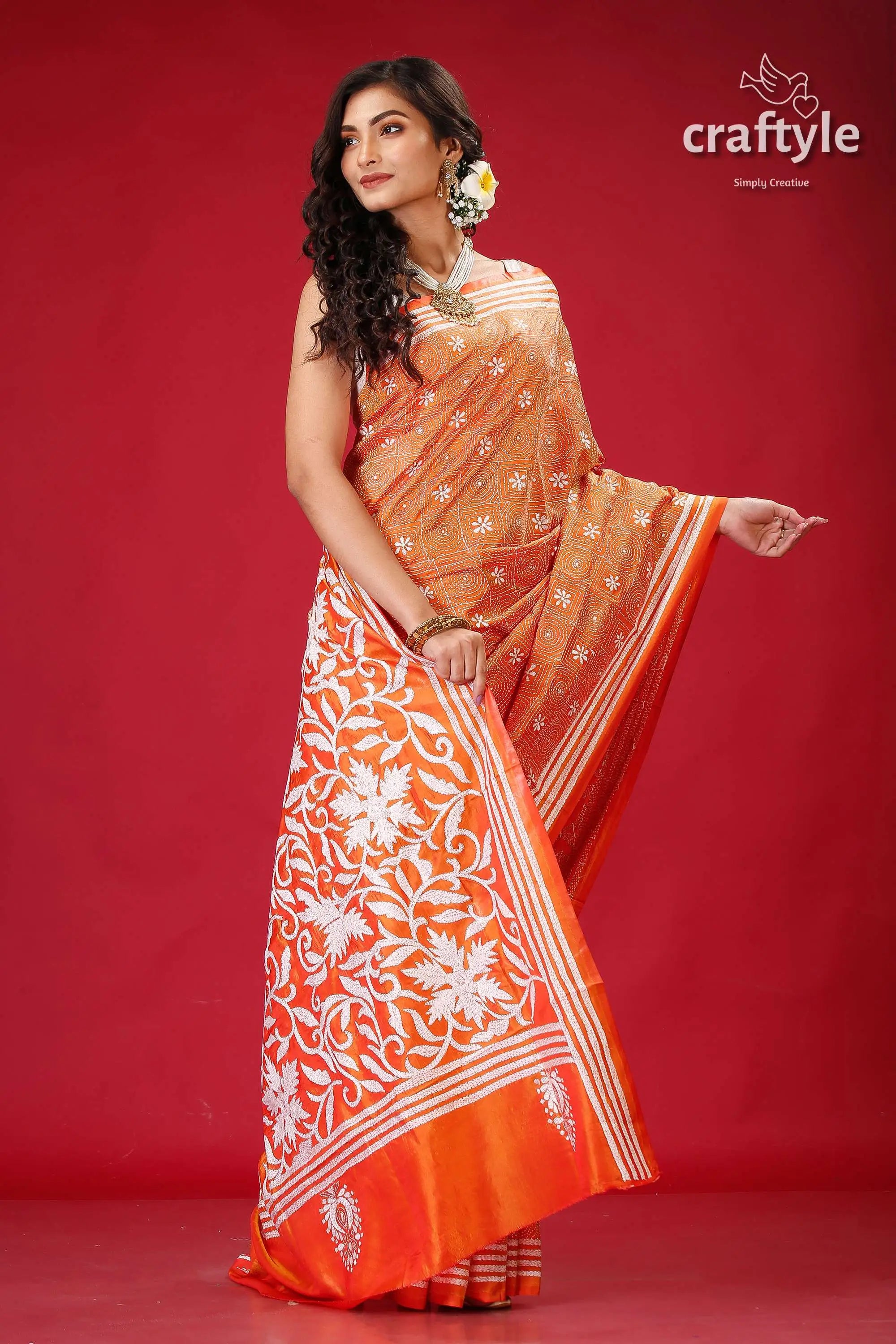 Fiery orange white thread bengal silk kantha saree woman orange white floral saree 5