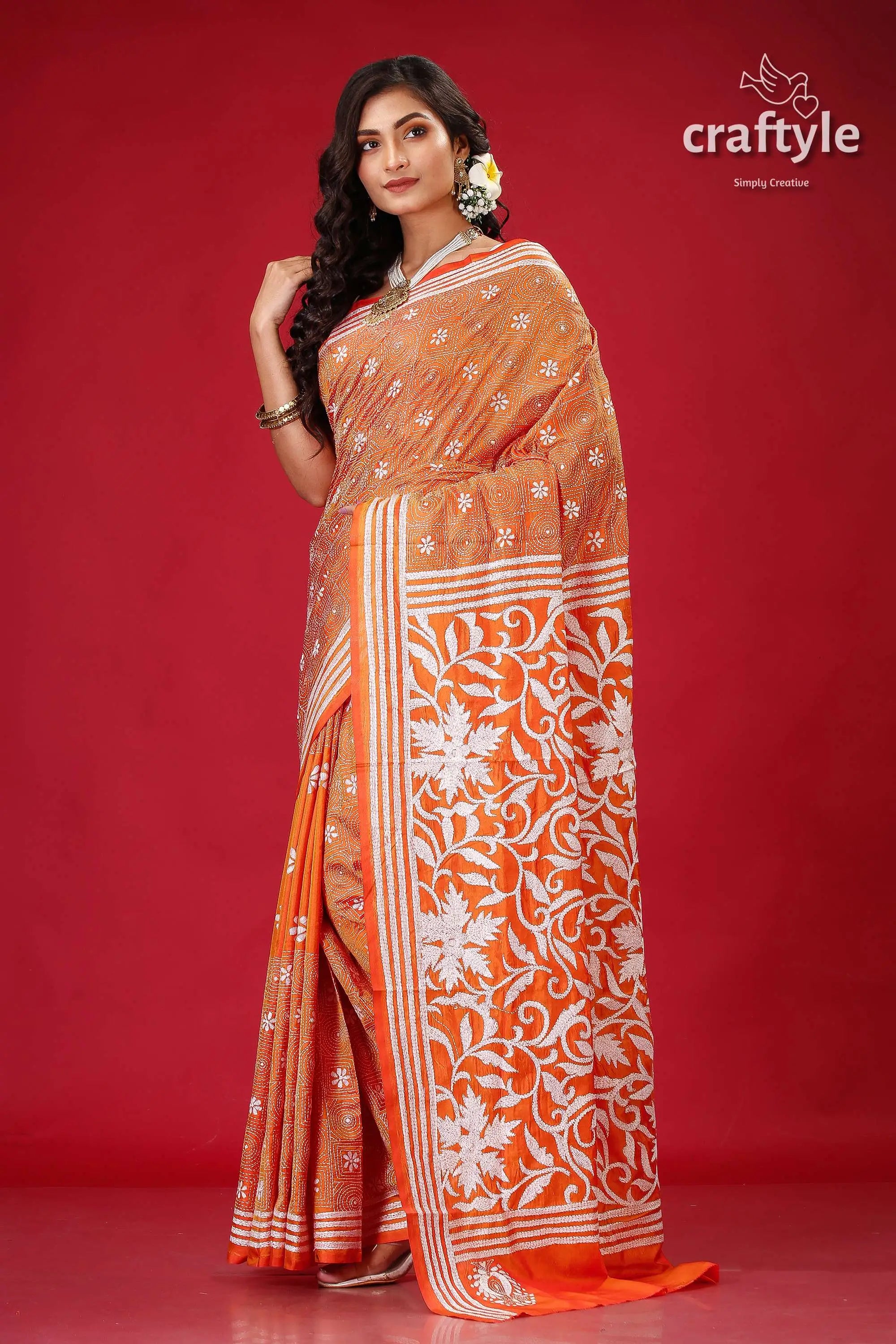 Fiery orange white thread bengal silk kantha saree orange white floral saree 3