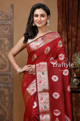 Fire brick red traditional zari work mangalgiri silk saree maroon silk saree floral motifs 2